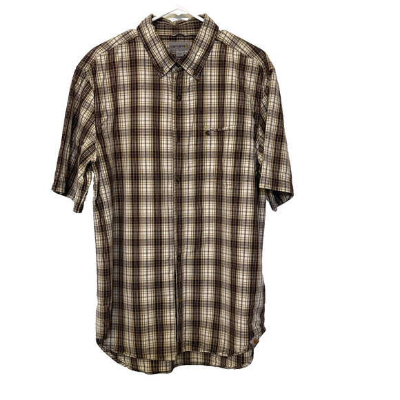 Carhartt Relaxed Fit Short Sleeve Button Down Shirt Brown Plaid Pocket Men's Lg - Picture 1 of 8